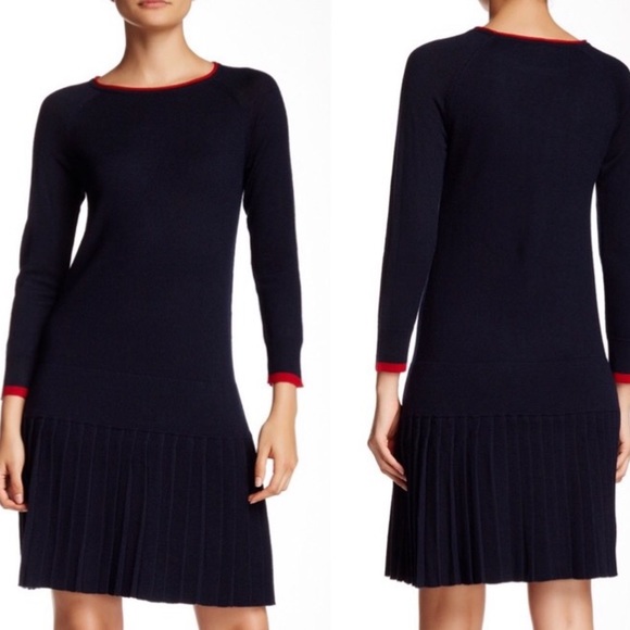 Shoshanna Dresses & Skirts - Shoshanna Lisette Wool Pleated Knit Sweater Dress Navy Blue and Red